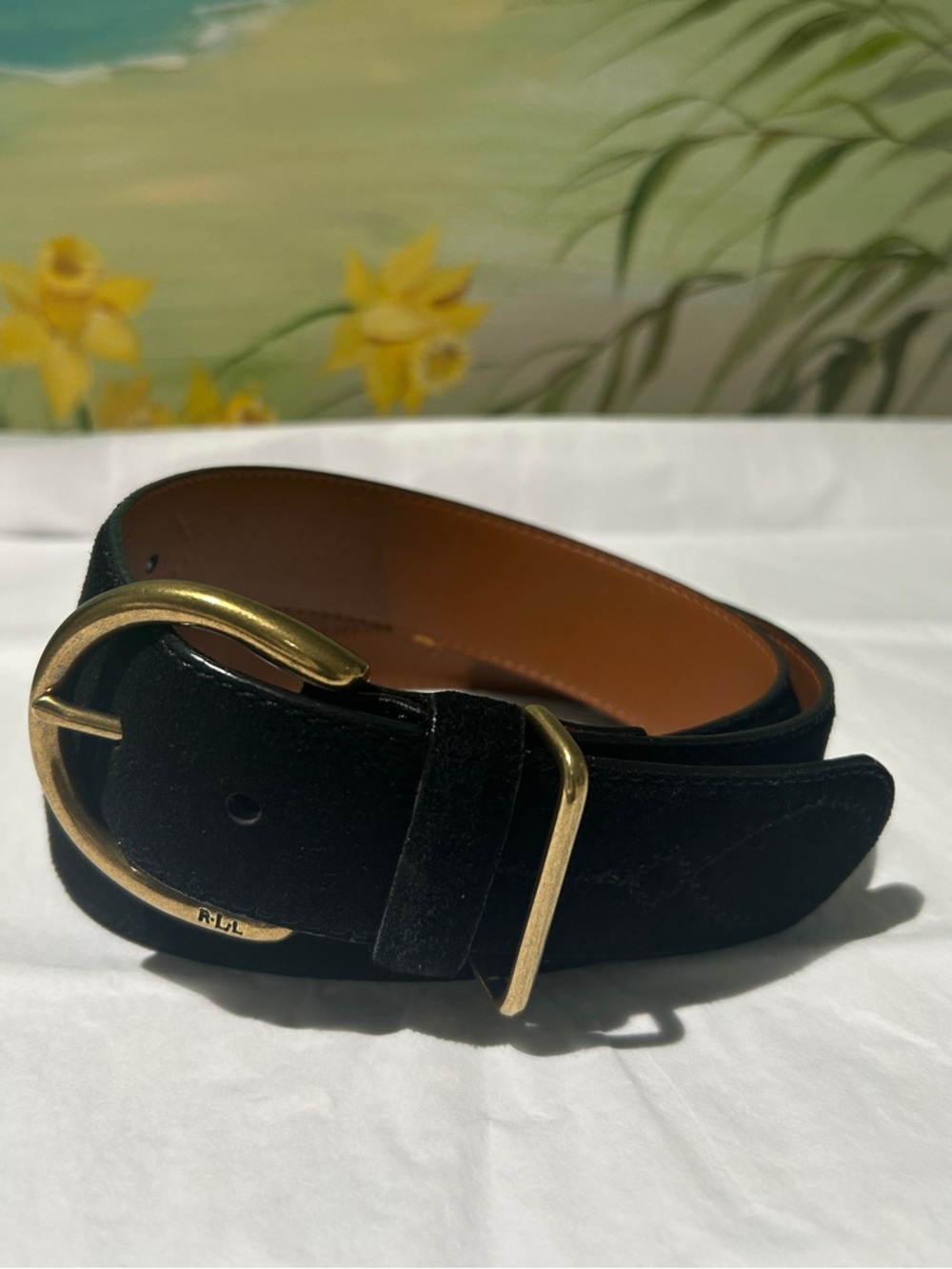 Lauren Ralph Lauren Black Suede Belt with Brass Stirrup Horseshoe Buckle. Size M